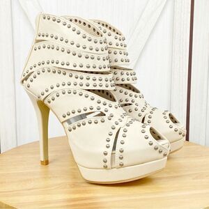 C Label Jocelyn 66 Studded Platform Bootie Heels Bone Cream 8 Peep Toe